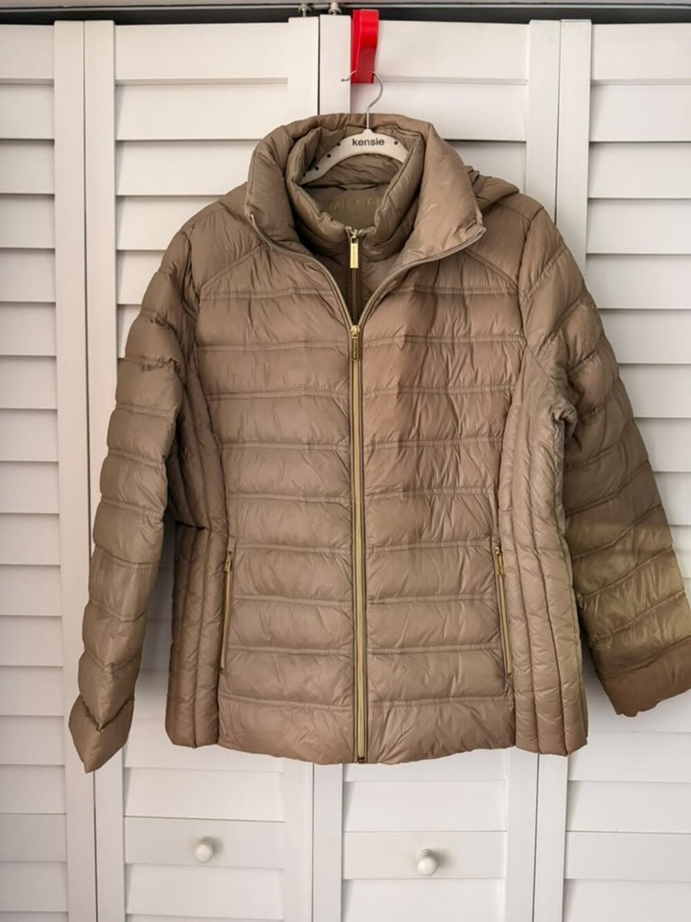 Michael Kors Packable Down Puffer Jacket Taupe Gold Zip Hooded XL